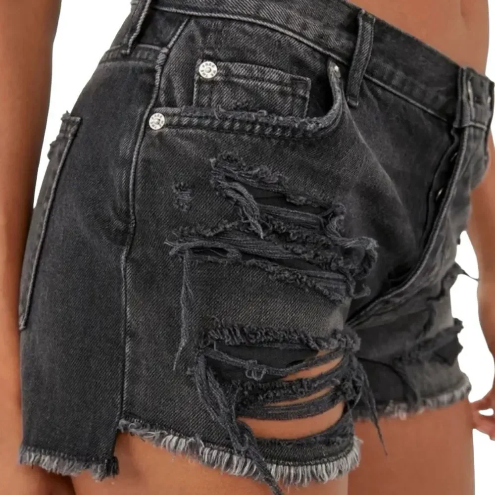 Free People We The Free Maggie Jean Shorts Montero Black Destroyed Wash Size 27